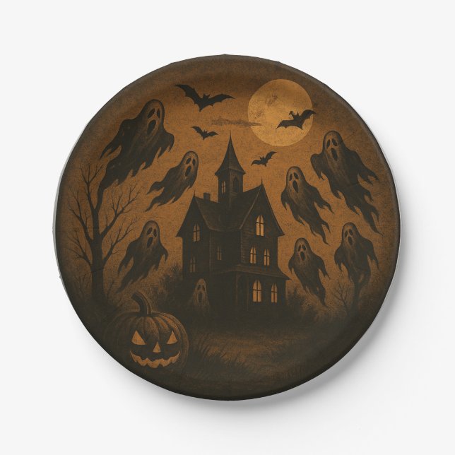 "Haunted Manor Halloween Party Plates" Paper Plate (Front)