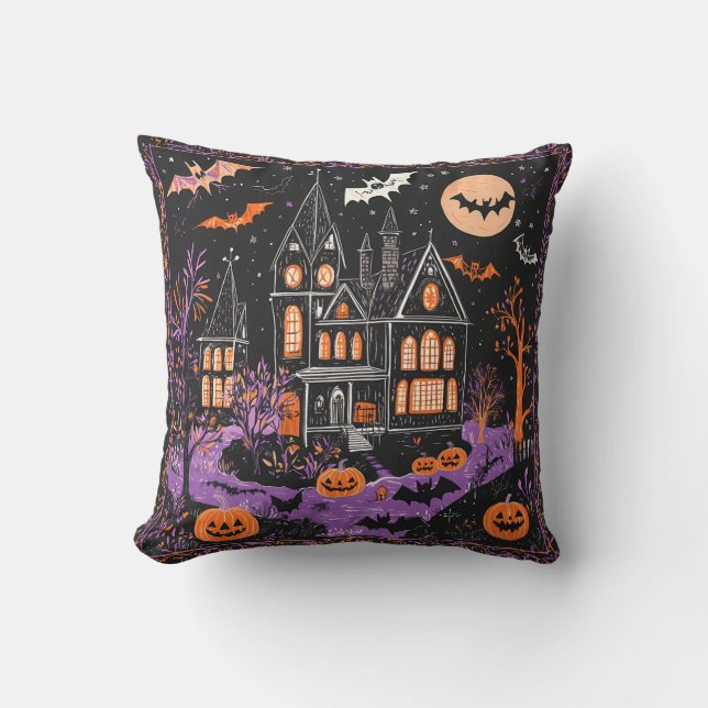 Haunted Mansion Bats Jack-O-Lantern Halloween Deco Cushion (Front)