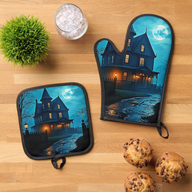 Haunted Mansion Blue Moonlight Night Design Oven Mitt & Pot Holder Set (Top Down)