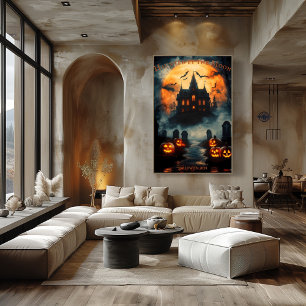 Haunted Mansion Halloween with Jack-O'-Lanterns Poster