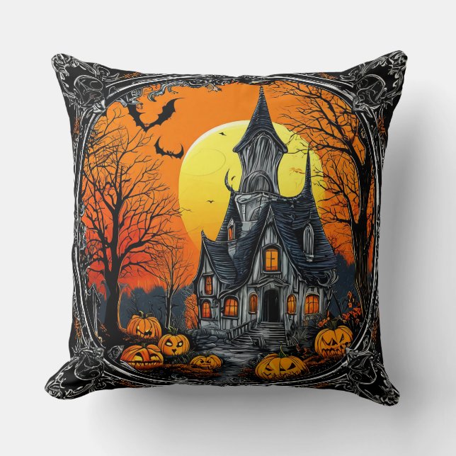 Haunted Mansion Illustration with Jack-O-Lanterns Cushion (Front)