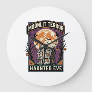 Haunted Moon Shirt Vintage Engraving Halloween Gra Large Clock