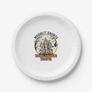 Haunted Moon Shirt Vintage Engraving Spooky House  Paper Plate