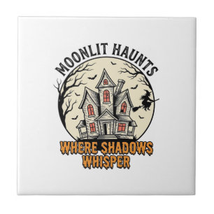 Haunted Moon Shirt Vintage Engraving Spooky House  Tile
