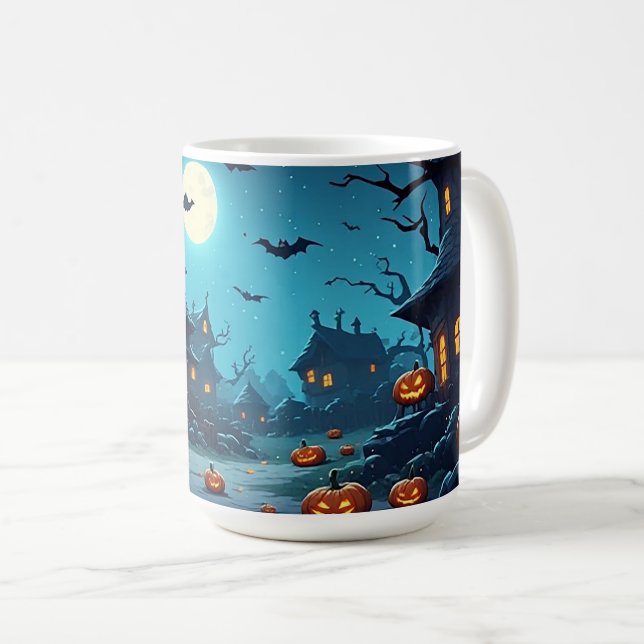 Haunted Moonlit Village With Pumpkins 🎃 Coffee Mug (Front Right)