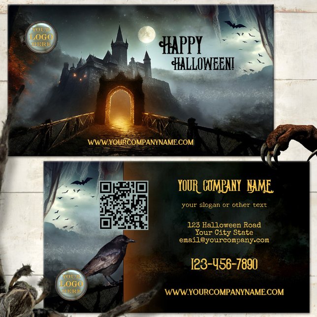 Haunted Night Castle Halloween Business Card (Halloween business card featuring a dark castle with a full moon and bats and a raven on the back)