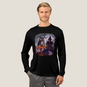 Haunted Owl and Spooky House – Gothic Halloween Tri-Blend Shirt