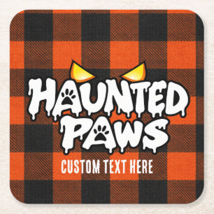 Haunted Paws Spooky Orange Black Plaid Halloween Square Paper Coaster