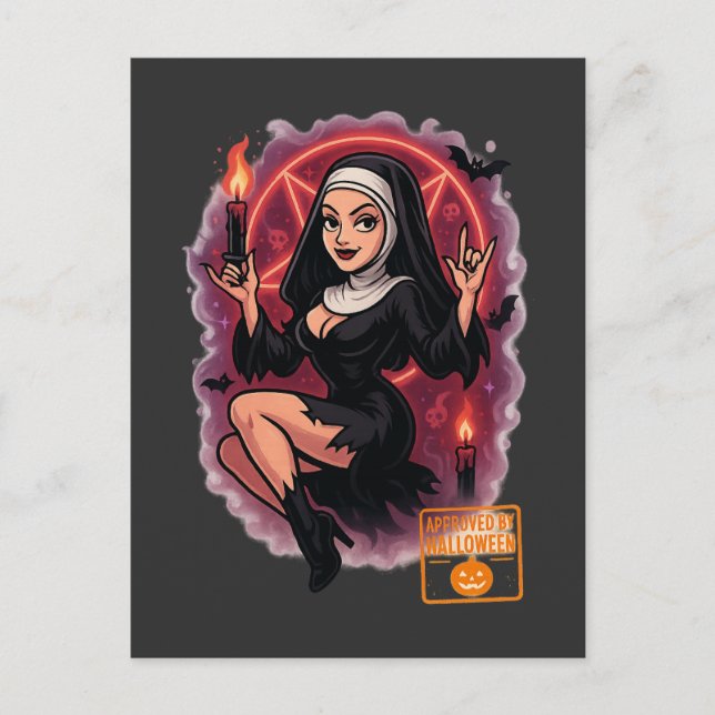 Haunted Pin-Up Nun – Spooky Halloween Postcard (Front)