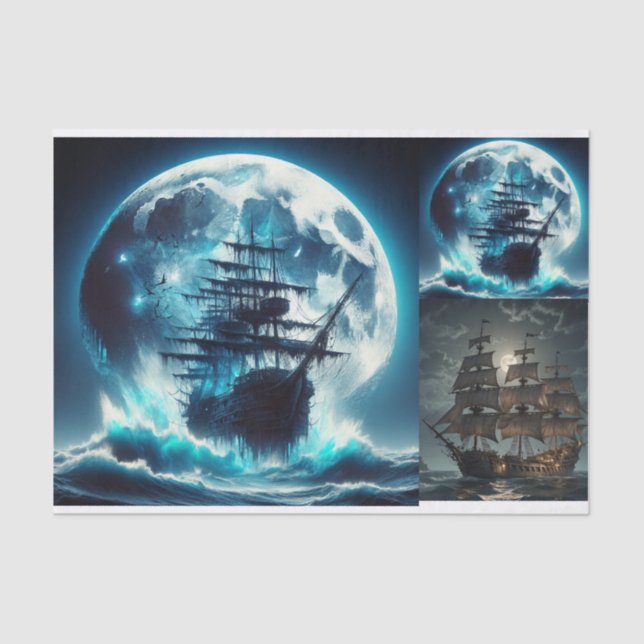 Haunted Pirate Ship Big Moon Decoupage  Tissue Paper (Front)