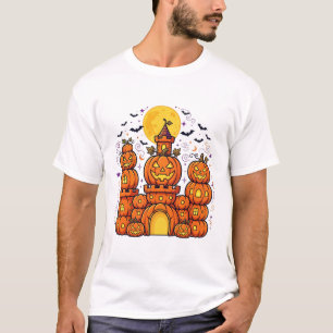 Haunted Pumpkin Castle Night Sky Halloween Art T-Shirt