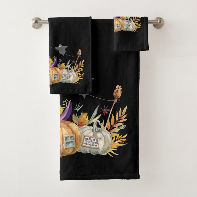 Haunted Pumpkin House with Ghost & Bats Bath Towel Set (Insitu)
