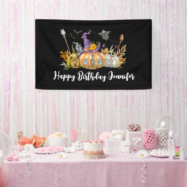 Haunted Pumpkin House with Ghost & Bats Birthday Banner (Party)