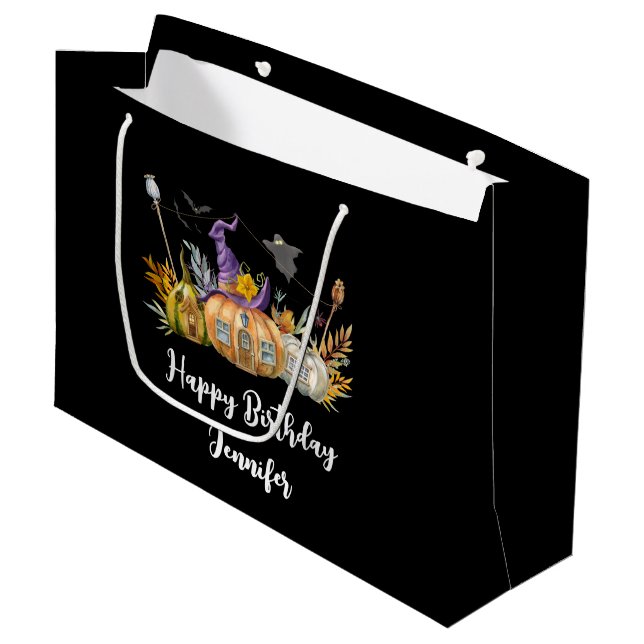 Haunted Pumpkin House with Ghost & Bats Birthday Large Gift Bag (Front Angled)