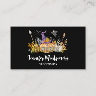 Haunted Pumpkin House with Ghost & Bats Business Card