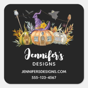 Haunted Pumpkin House with Ghost & Bats Business Square Sticker