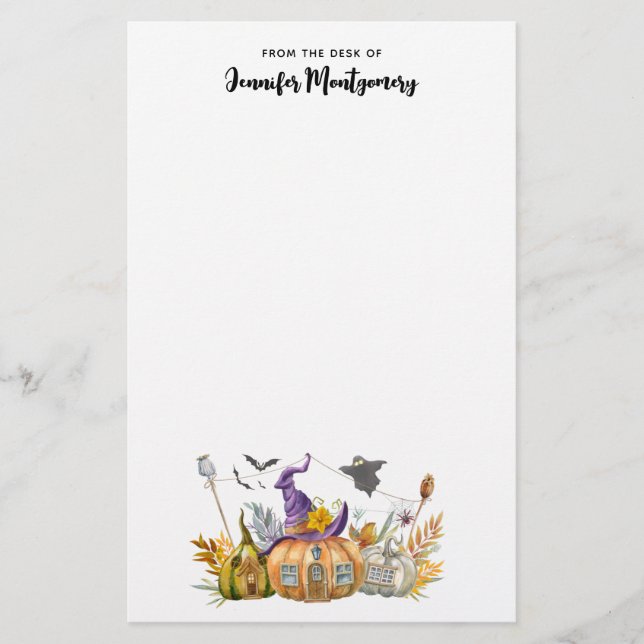 Haunted Pumpkin House with Ghost & Bats Stationery (Front)
