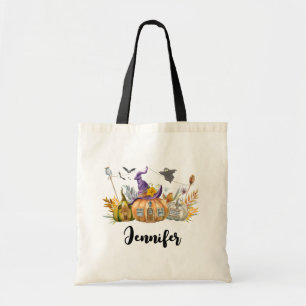 Haunted Pumpkin House with Ghost & Bats Tote Bag