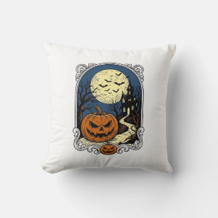 Haunted Pumpkin Scene Vintage Halloween Vector Art Cushion