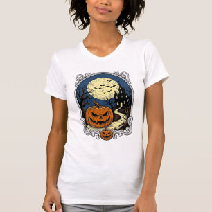 Haunted Pumpkin Scene Vintage Halloween Vector Art T-Shirt