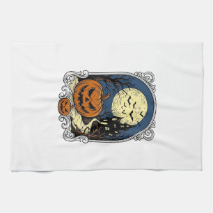 Haunted Pumpkin Scene Vintage Halloween Vector Art Tea Towel