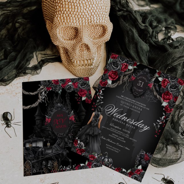 Haunted Quinceanera Black Roses Red Halloween  Invitation (Creator Uploaded)