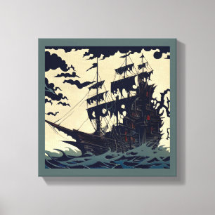 Haunted Sailing Ship Woodblock 1 Canvas Print