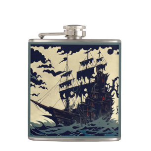 Haunted Sailing Ship Woodblock 1 Hip Flask