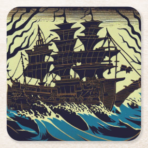 Haunted Sailing Ship Woodblock 3 Square Paper Coaster