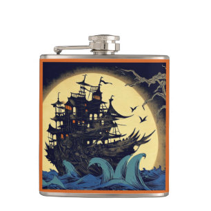 Haunted Sailing Ship Woodblock 4 Hip Flask
