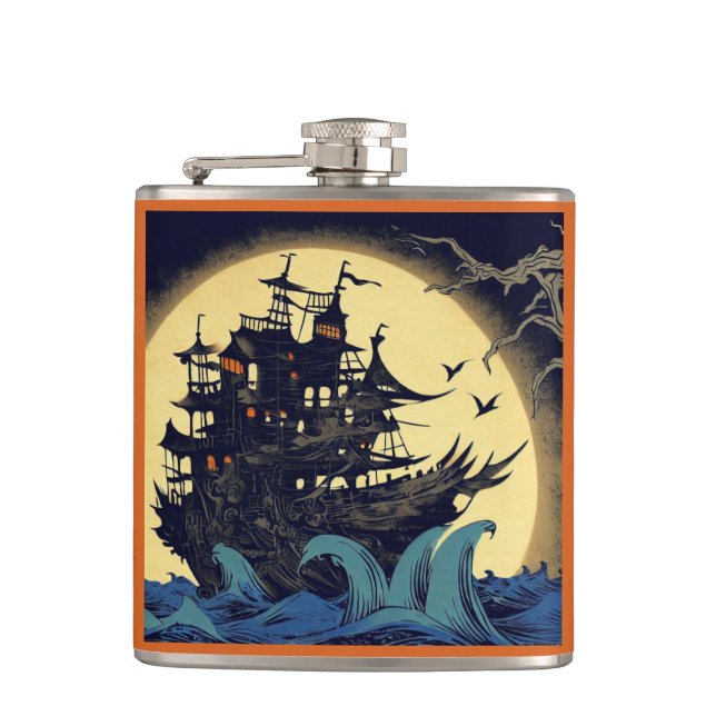 Haunted Sailing Ship Woodblock 4 Hip Flask (Front)