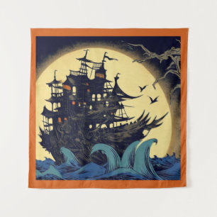 Haunted Sailing Ship Woodblock 4 Tapestry