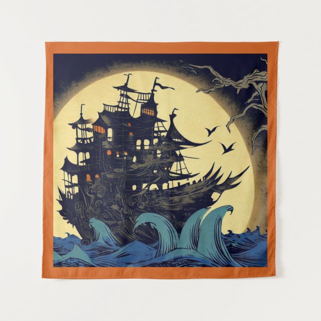 Haunted Sailing Ship Woodblock 4 Tapestry (Front)