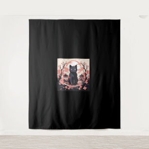 Haunted Sakura_ Black Cat & Pumpkins in Japan Tapestry