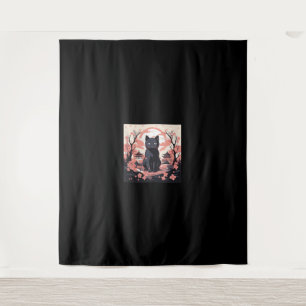 Haunted Sakura_ Black Cat & Pumpkins in Japan Tapestry