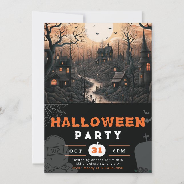 Haunted Town Full Moon Black Birds Halloween Invitation (Front)