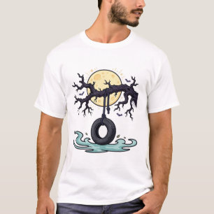 Haunted Tree Swing Moonlight Halloween Art T-Shirt