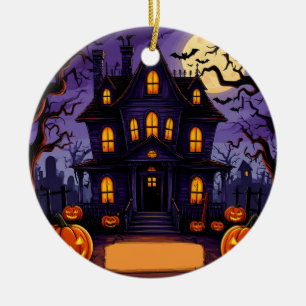 Haunted Victorian House Halloween Moonlight Scene Ceramic Tree Decoration