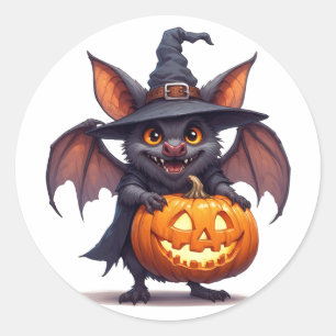 Haunted Witch Bat With Pumpkin Lantern 🎃 Classic Round Sticker
