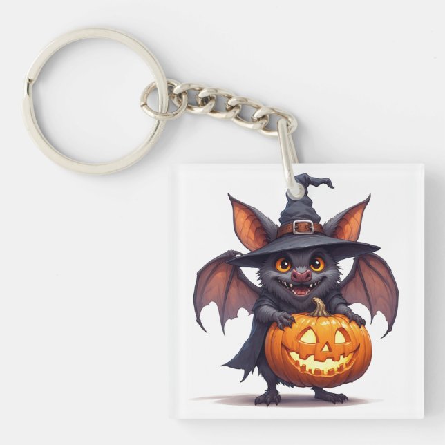 Haunted Witch Bat With Pumpkin Lantern 🎃 Key Ring (Front)