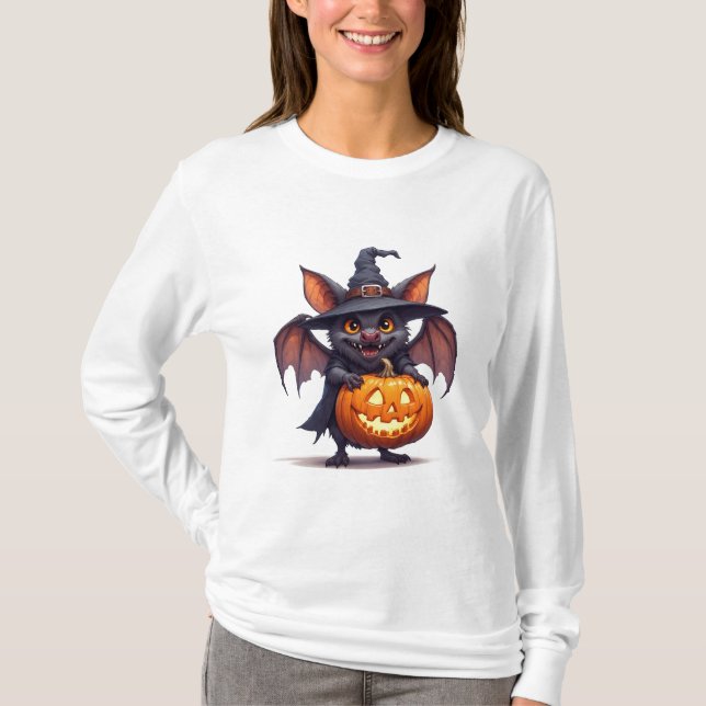Haunted Witch Bat With Pumpkin Lantern 🎃 T-Shirt (Front)