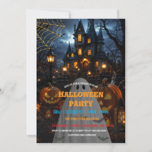 Haunted Witch House with Pumpkin Glow Halloween Invitation