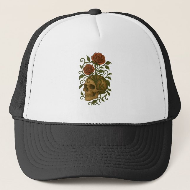 Haunting Beauty Skull and Roses Halloween Art Trucker Hat (Front)