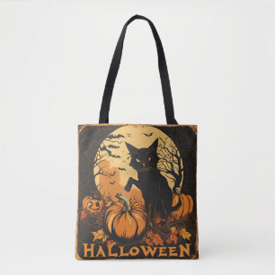 Haunting Black Cat on Pumpkin with Moon and Bats Tote Bag