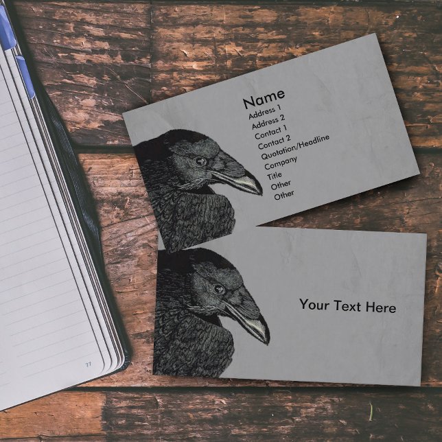 Haunting Black Crow Face Grey Business Card (Illustration of head beak of black crow on marbled grey business cards.)