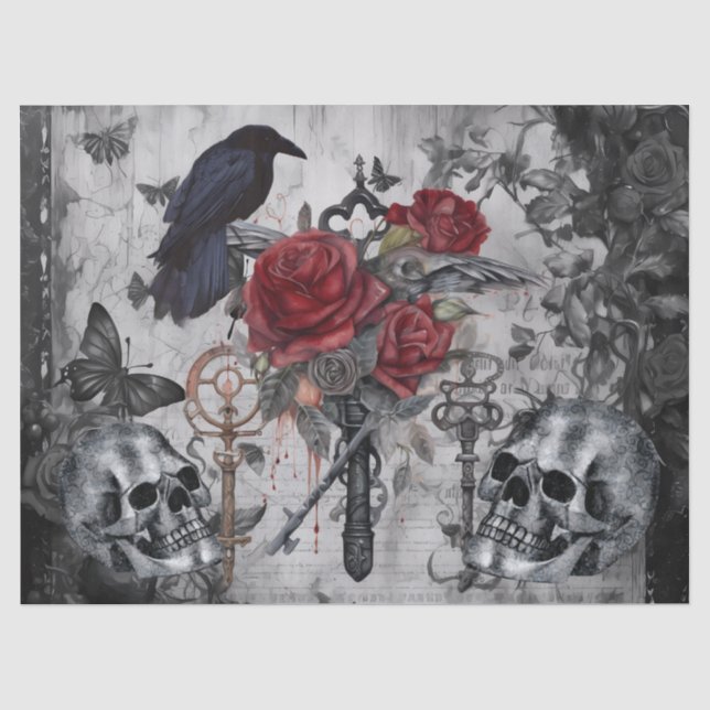 Haunting Fantasy Gothic Raven Roses Skulls Tissue Paper (Front)