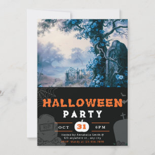 Haunting Graveyard Blue Flowers Halloween Invitation
