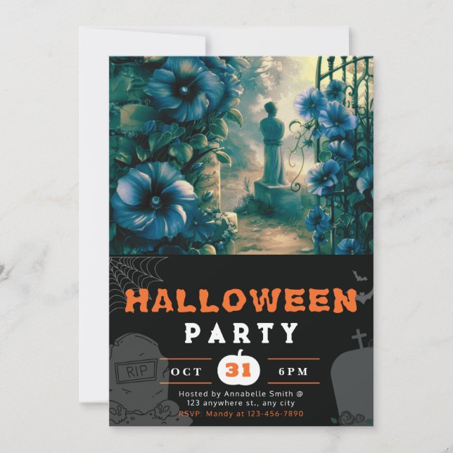 Haunting Graveyard Blue Flowers Halloween Invitation (Front)