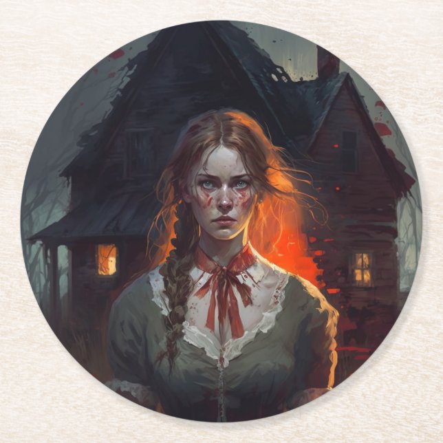 Haunting house round paper coaster (Front)