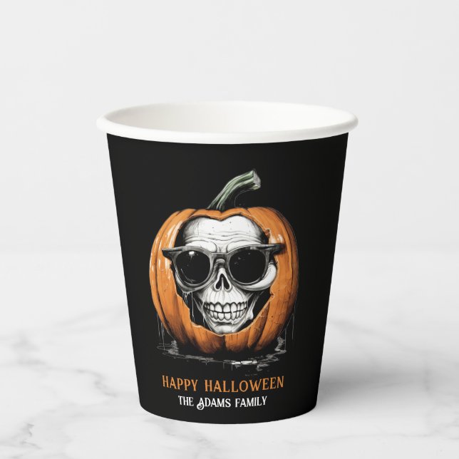 Haunting Jack O' Lantern Grinning Skull Halloween Paper Cups (Front)